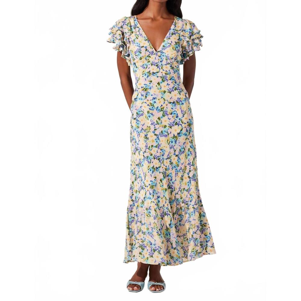Astr Floral Ruffled Sleeve Maxi Dress in Yellow, Blue, Green